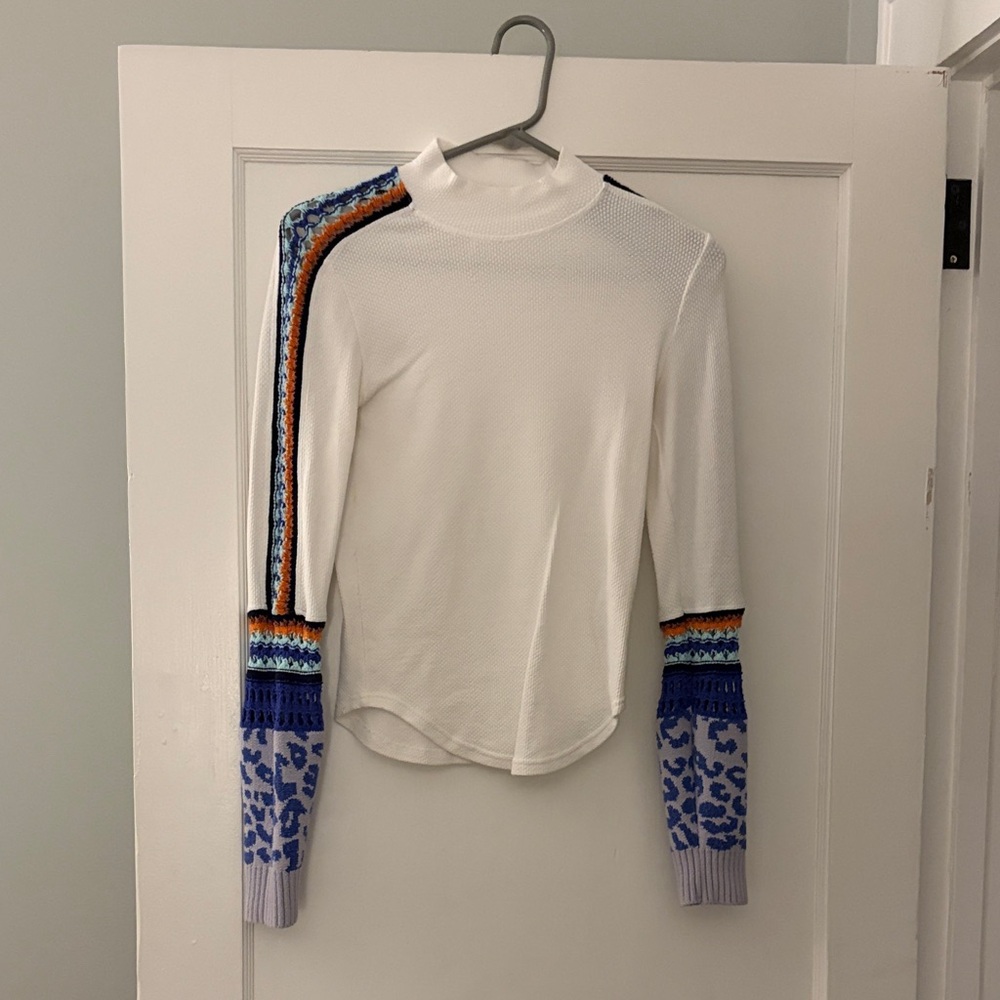 Free People White Long Sleeve Top with Multicolor Accents